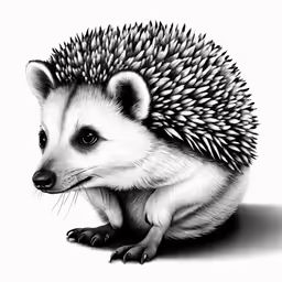 a black and white drawing of a hedgehog sitting on the ground