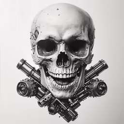 an image of a human skull and guns
