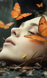a woman with orange butterflies on her face