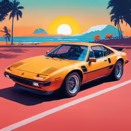 a car sits parked near the beach in front of palm trees,the yellow race car is driving along the road