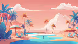 a painting of a beach that is under a red sky,a tropical landscape with palm trees, beach and umbrellas