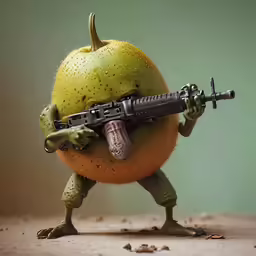 an animated creature holding an ak - 47 rifle and orange
