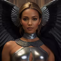 a woman wearing a leather outfit and wings
