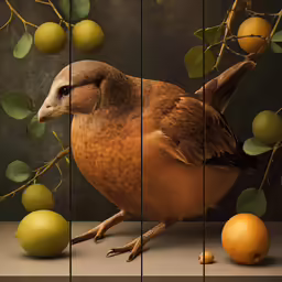 a bird with its feet out sitting in front of fruits