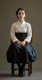 a girl in an apron sits on a chair