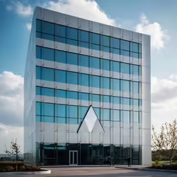 a tall white and grey building with a triangular reflection on it