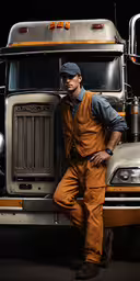 a man posing in front of a big rig,a man wearing a hat and a jacket leans against the front of a semi truck