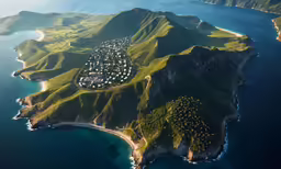 an aerial view of many houses built on some hills