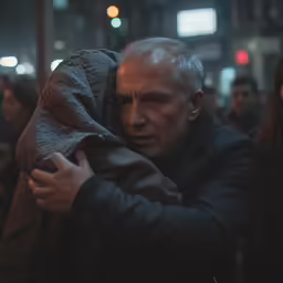 man wrapped up in blanket while standing in crowd on street at night
