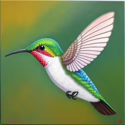 a small hummingbird painting flying over green and yellow,a painting of a hummingbird with a bright green background