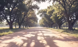sun casting a shadow on the street and tree line