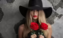 a woman in a black hat is holding two red roses