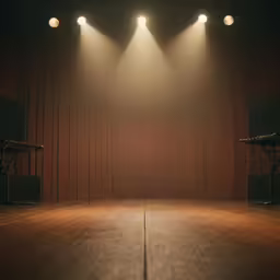 a wooden stage in front of three empty seats