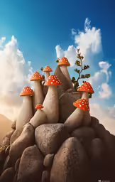 an image of a mushroom rock with small mushrooms on it