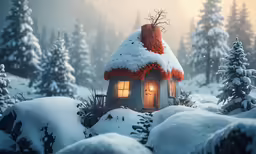 the small house is surrounded by snow in a winter landscape