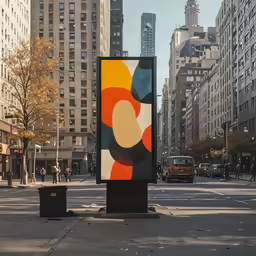 a colorful poster with a bunch of buildings in the background