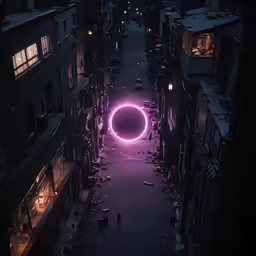 a street at night with light painting in the middle