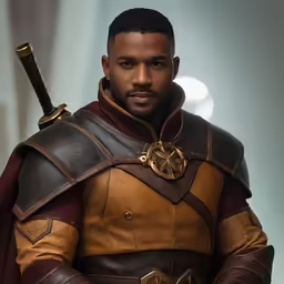 a man in leather costume holding two swords