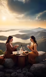two woman sitting at table with wine glasses and looking at each other
