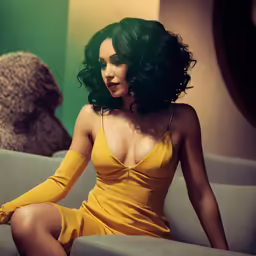 a woman sitting on top of a couch wearing a yellow dress