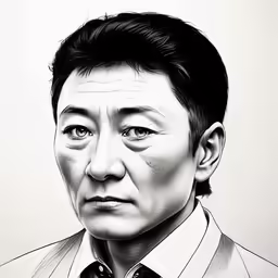 the drawing shows an asian man in suit and tie