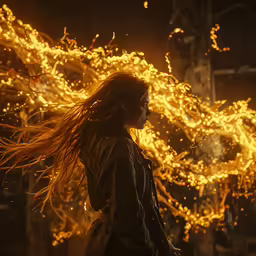 woman with long hair in motion of light being reflected from background