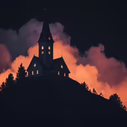 a church with two steeples is illuminated by clouds and light