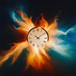 a clock is sitting in flames near the ocean