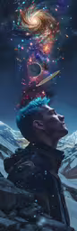 a man with an open mind looks into the galaxy,a man looking up at some stars and planets above him