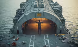 an person stands on the deck of a submarine