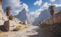 a man walking down a dirt road in the mountains