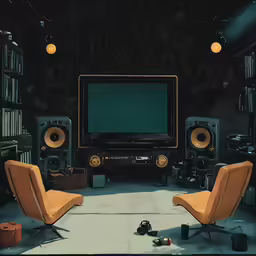 the living room has speakers, lights, and a television in it