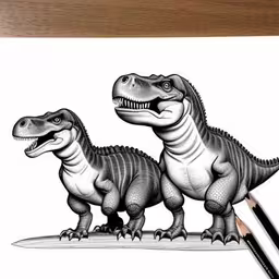 two drawing dinosaurs on a sheet with colored pencils,a drawing of two dinosaurs with one standing still,a drawing of two large dinosaurs standing on top of a piece of paper,two t - rex drawn in black and white with pencils,drawing dinosaurs with colored pencils on paper