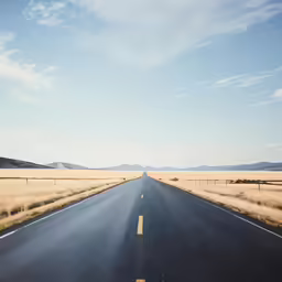 an empty road stretching out into the distance in a field