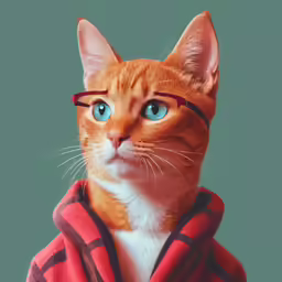 an orange and white cat with glasses wearing a red checkered shirt