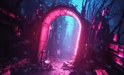 a strange portal in a dark forest with neon colored lights