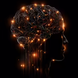 an artwork is shown, and shows the side profile of a head with various strings flowing over it