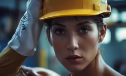 a woman in a yellow construction hat looks concerned