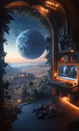 a computer desk in a room with a view of the planets and sky
