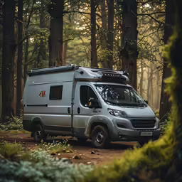 a van parked on a trail among trees and shrubs