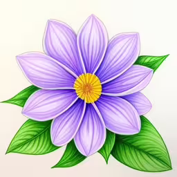 a drawing of a purple flower with green leaves