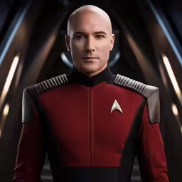 a man is in red with black accents and silver accents on his face
