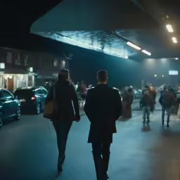 a couple walking through a crowded street at night