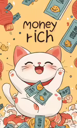 an illustrated cat holds money with some words