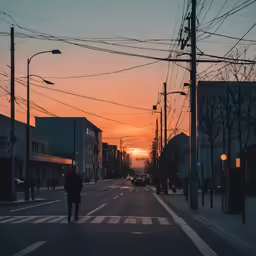 there is a man walking down the street at sunset