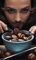 a man eating a bowl of coffee beans