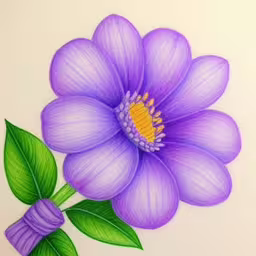 colored flower drawn by pencil with a yellow center,a painting of a blue flower with green leaves,the large blue flower is beside a green leaf,this is the flower i would draw on paper,the drawing of a purple flower has a green stem