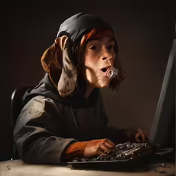 a person with a hood on sitting at a desk using a computer