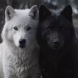a pair of black and white dogs are looking at the camera