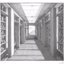 this drawing shows the hallway leading to many rows of windows